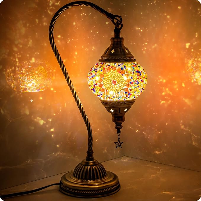 Yarra-Decor Turkish Moroccan Lamp with Bronze Base 3 Color Options Handmade Swan Neck Mosaic Glass Bedside Lamps for Bedroom (LED Bulb Included)(Orange1)