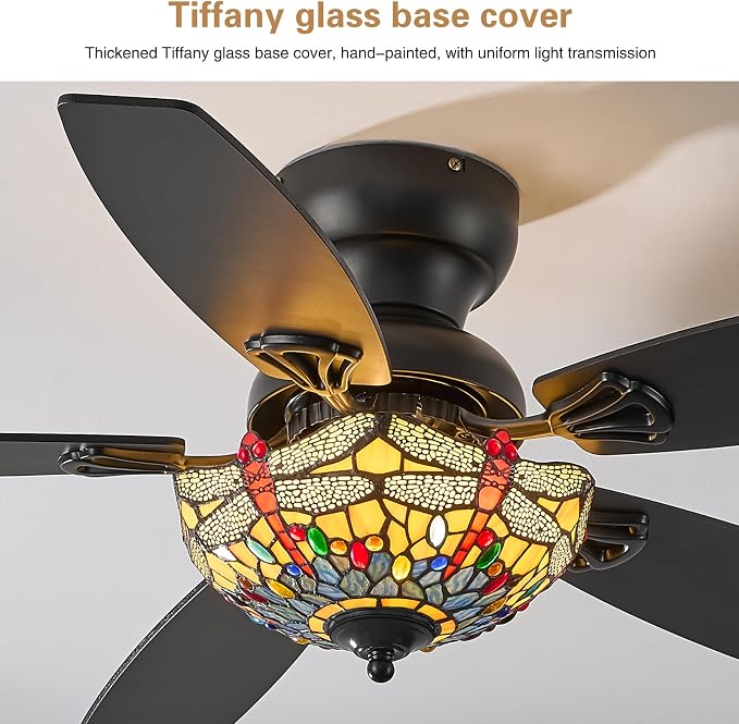 Tiffany Ceiling Fans with Lights-48"Ceiling Fan Chandelier and Glass Shade | 48" Ceiling Fan Chandelier with 5 Dual-Blades and Glass Shade, 6 Speeds and Reversible, Indoor and Outdoor, Retro Style