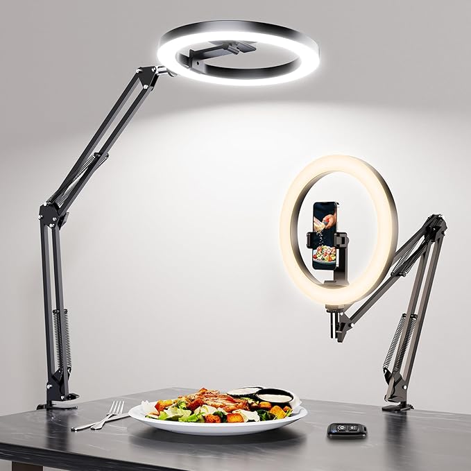 Overhead Phone Mount with Ring Light Phone Holder,10" LED Ring Light for Desk with Stand and Remote for iPhone,Phone Tripod with Light for Video Recording TikTok Live Stream Cooking Kitchen Vlogging