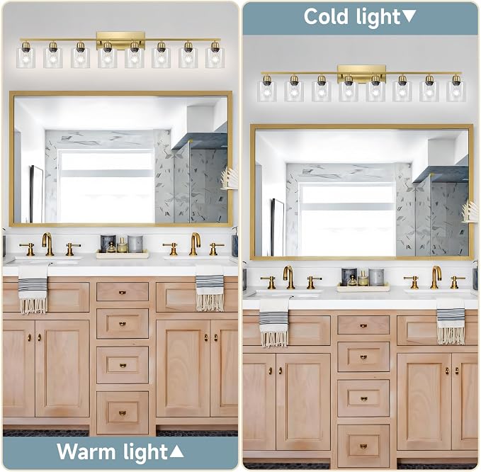 Modern Brushed Gold 8 Light Bathroom Light Fixtures, 52 inch Vanity Lights for Bathroom with Clear Glass, Bathroom Light Fixture for Mirror Kitchen Living Room Hallway Cabinet Porch