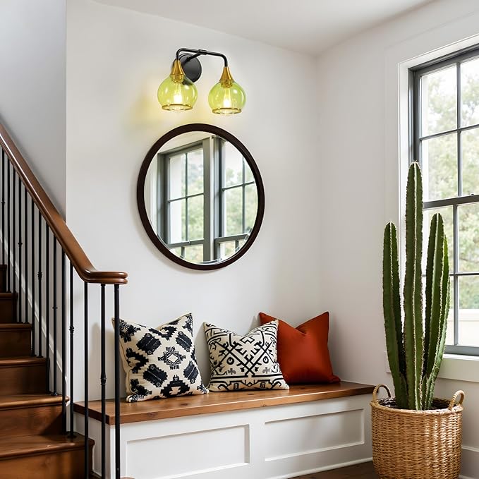 Black and Gold Bathroom Vanity Light 2-Lights Bathroom Light Fixtures Over Mirror with Green Clear Glass Shade 14 inch Wall Sconce Lighting Bath(Exclude E26 Bulb)