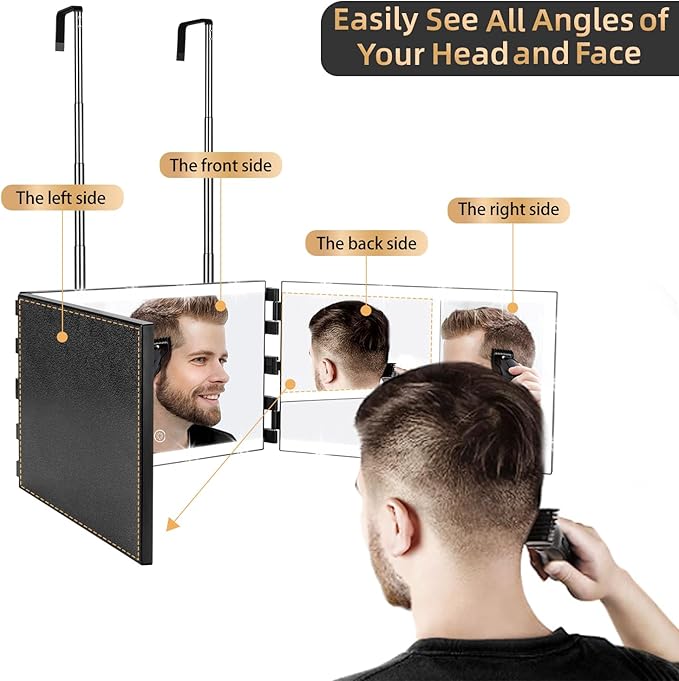 XIGETRAIL Rechargeable 3 Way Mirror for Hair Cutting with 8 Light Strips | Trifold Barber Mirror with Telescoping Hooks for Makeup, Shaving, Braiding and Styling