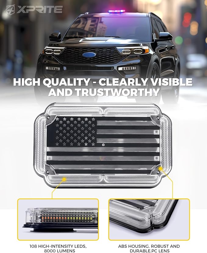 Xprite 108 LED Roof Top Strobe Light, US Flag Pattern Police Flashing Light, Emergency Hazard Warning LED Mini Strobe Lightbar w/Magnetic Base for Police Cop Firefighter EMS Vehicles Truck, Red Blue