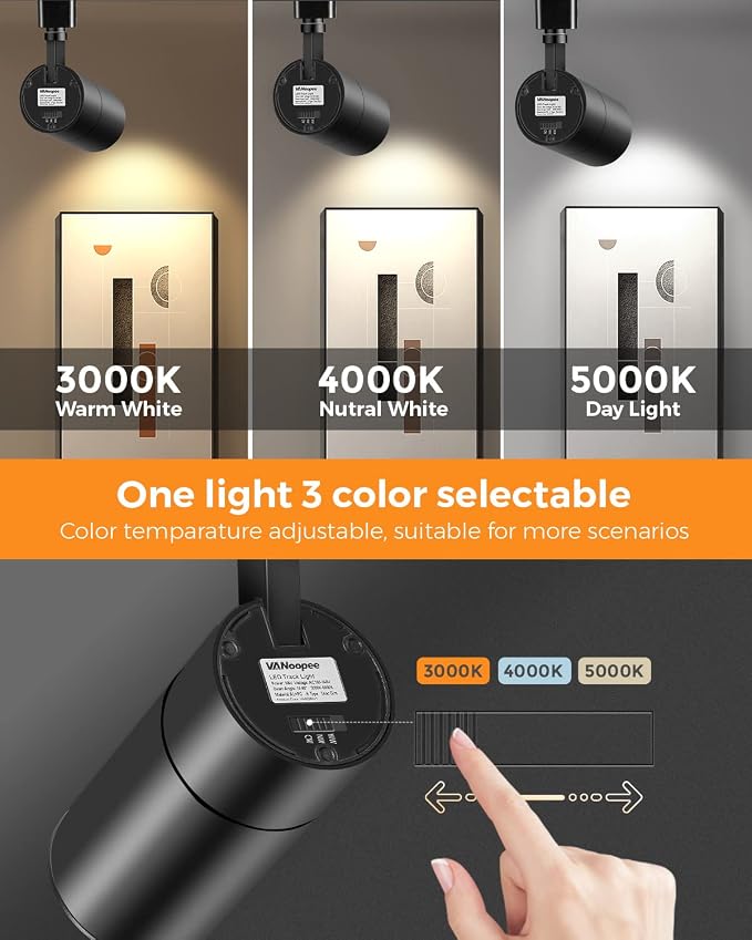 VANoopee 3-Color Zoomable 20W LED Track Lighting Heads H Type, Black 4 Pack | Track Light Heads Dimmable Bright Ceiling Spotlight Fixtures Accent Art, 3000K 4000K 5000K Adjustable, CRI90+ 15°-60°, 2000lm