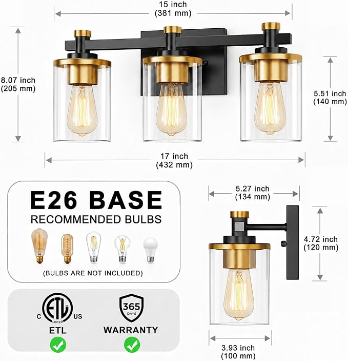 Bathroom Light Fixture, Bathroom Vanity Light Over Mirror, 3-Lights | Vanity Lights for Bathroom, Modern Lighting Fixtures with Clear Glass Shade, Black and Gold Vanity Lights, ETL Listed