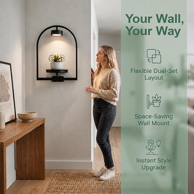 2 Pack Plant Wall Shelf with Grow Light, Wall Mounted Hanging Planter Shelf | Wall Plant Holder with Remote Control LED Plant Light, Floating Indoor Plant Shelf for Bedroom Living Room Apartment Boho