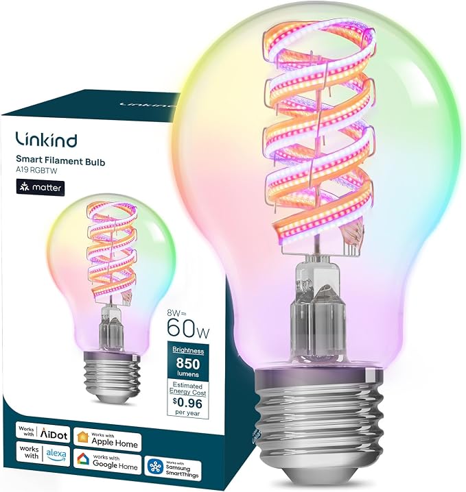 Linkind Matter Smart Light Bulbs, Work with Alexa/Apple/Google Home, 1Pack | A19 Color Edison Bulb, Voice Control, Music Sync, Timer, Tunable White(1800K-6500K), Vintage Decor E26 LED Filament 60W 850LM