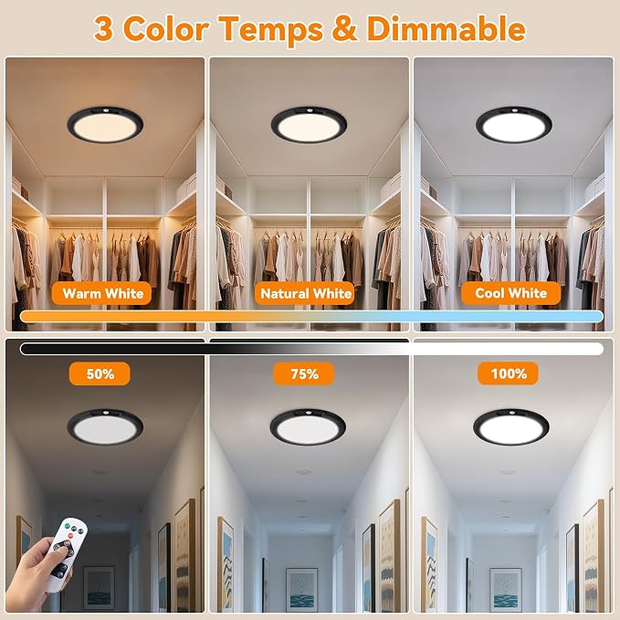 KYEKIO 2Pack Rechargeable LED Ceiling Light/Shower Light with Remote | Motion Sensor, Wireless Magnetic Easy-Install, 3 Color, Dimmable, Battery-Powered, for Closet, Pantry, Hallway, Porch, Patio