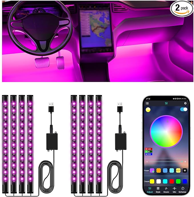 Winzwon 2 Pack Led Lights for Car Accessories Interior, Truck Decor | Christmas Stocking Stuffers White Elephant Gifts for Men Women Adults, APP Control with USB Port Color Change Lights