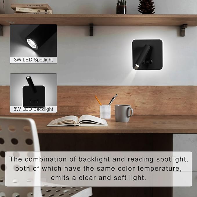 Kawell Indoor LED Wall Lamp with Switch Adjustable Bedside Wall Spotlight Modern LED Reading Wall Light with USB Charging Port for Bedroom Living Room Study Library, Black(Cold White)