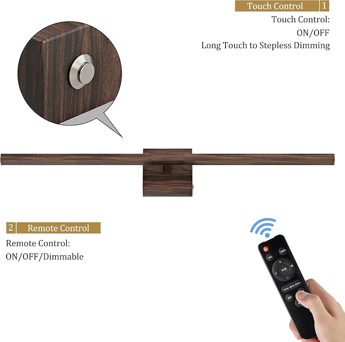 Rayogale Walnut Battery Operated Wall Sconce with Remote Control 32 Inch | 3000/4500/6000K Dimmable 8000mAh Wireless Rechargeable Wall Sconces Set of Two with Timer for Living Room, Bedroom, TV