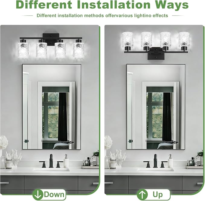4-Light Bathroom Light Fixtures, Black Vanity Lights Over Mirror | Wall Sconces with Clear Textured Glass Shades for Living Room Bedroom Hallway,E26 Base (Bulbs Not Included)