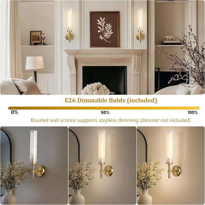 20'' Knurled Brass Bathroom Wall Sconces Set of 2,Premium Frosted Glass Tube Hardwired Vanity Lights, Modern Handmade Wall Lighting for Mirror, Bedroom, Hallway &Living Room,Staircases