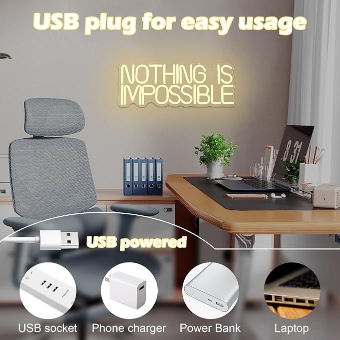 Nothing Is Impossible Neon Sign Classroom Neon Light for School Office Gym LED Neon Lights Motivational LED Wall Art for Classroom Inspirational Light Up Club Sign School Birthday Christmas Gift