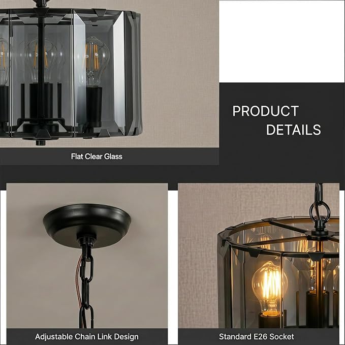 Black Chandeliers for Dining Room,3-Light Pendant Lights Kitchen Island Round, Height Adjustable Modern Dining Room Light Fixture over Table for Kitchen Entryway Foyer Living Room, UL Listed, 13 Inch