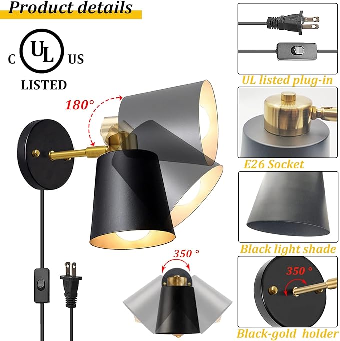 Yollzey Plug in Wall Sconces, Rotatable Angle Black Wall Lamp with Plug in Cord Metal Vintage Industrial Wall Mounted Light Reading Light for Bedroom Bedside Doorway(2 Pack)