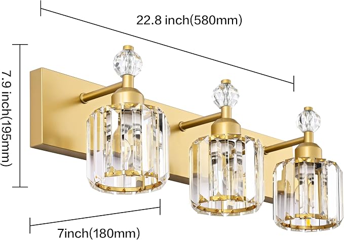 PRESDE Crystal 3 Light Vanity Light for Bathroom Gold Bathroom Lights Fixtures Over Mirror Modern Wall Sconce Lamp