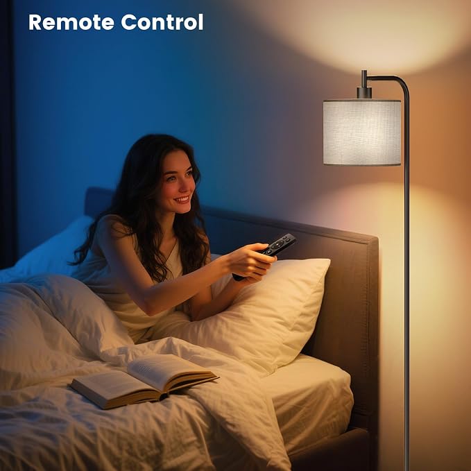 Floor Lamp for Living Room, Tall Standing Lamp with Linen Shade | Dimmable with Remote Control, 3 Color Temperatures, 9W LED Bulb Included, Ideal for Bedroom, Office and Reading Corner