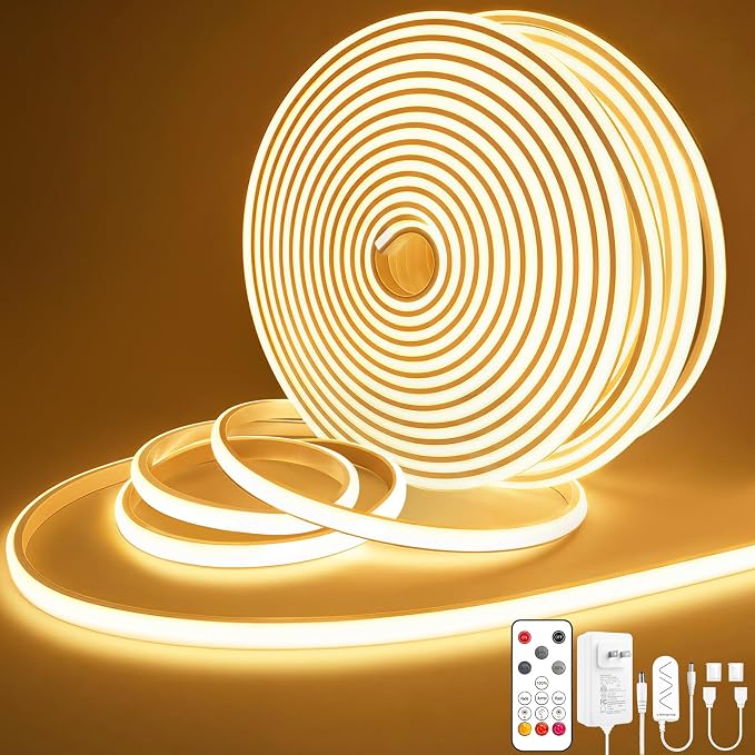 Lamomo COB LED Strip Lights 65.6Ft, 2 Roll Warm White Dimmable Self-Adhesive Led Rope Light with Remote, Flexible Cuttable Waterproof 3000K Silicone Neon Tape Lights for Bedroom, Indoor, Cabinet