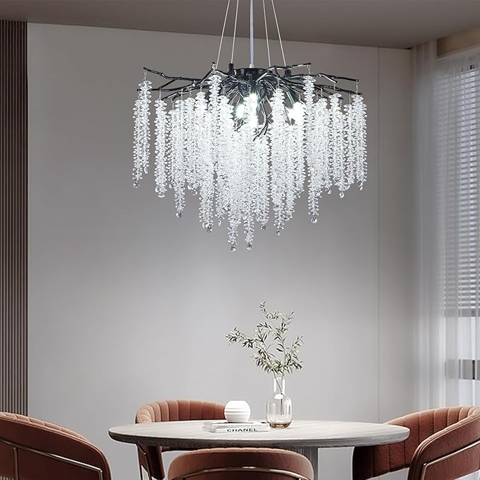 Crystal Tree Branches Chandeliers Luxury Round Raindrop Pendant Light Fixture 8 Light Ceiling Hanging Light for Dining Room Bedroom Living Room Entryway 23.7" Black