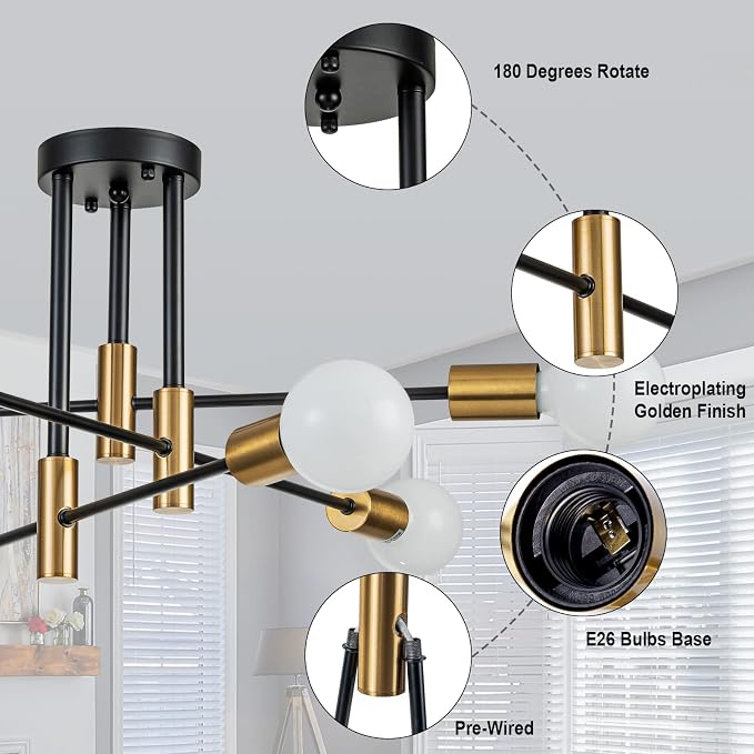 6-Light Modern Sputnik Chandeliers, Black Gold Semi Flush Mount Ceiling Light Fixture, Industrial Farmhouse Kitchen Lighting Fixtures Ceiling Mount for Living Room Bedroom