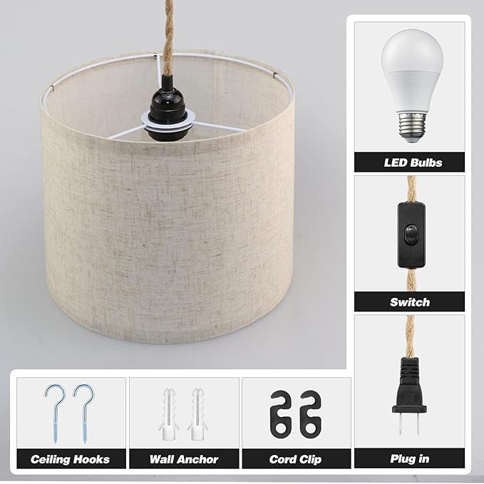 Plug in Pendant Light, Hanging Lights with Plug in Cord, Hanging Lamp with 15ft Hemp Rope, On/Off Switch, Beige Linen Shade, Light Fixture for Bedroom, Living Room, Dining Table 2 Pack