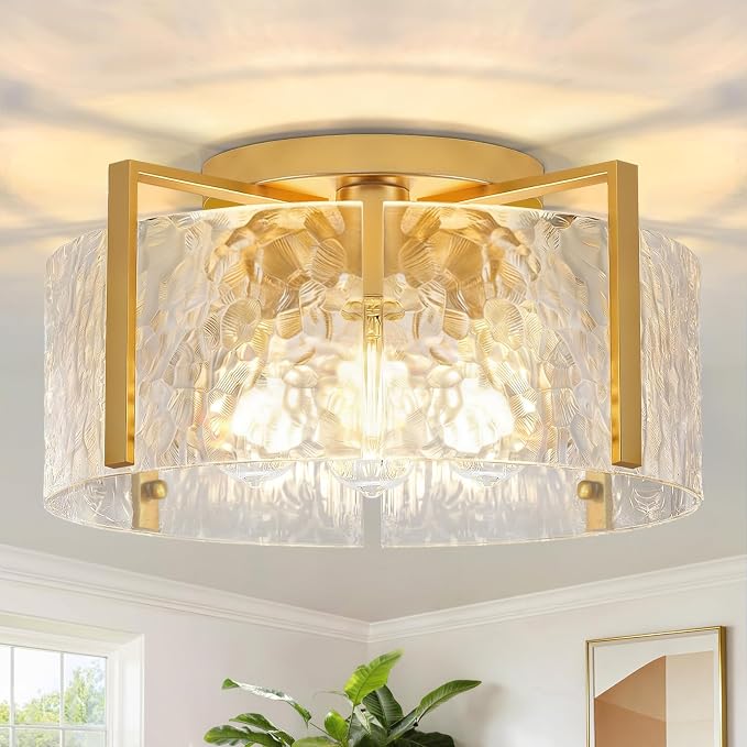 16'' Gold Semi Flush Mount Ceiling Light, 4-Light Glass Drum Light Fixtures | Modern Ceiling Lights for Hallway Entryway Bedroom Bathroom Kitchen Canteen Laundry Room Lighting Fixture Bulbs not Included