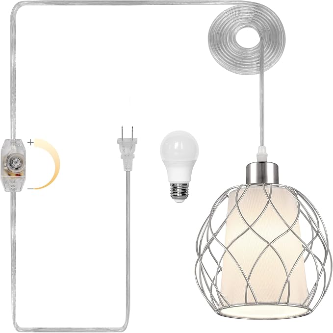 Hanging Lights with Plug in Cord,Hanging Lamps that Plug into Wall Outlet with Dimmable Switch and 15 ft Clear Cord, Swag Lamp for Bedroom Kitchen Island Living Room (Bulb Included)