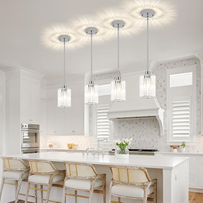 2 Pack Chrome Crystal Pendant Lights Kitchen Island, Modern Kitchen Pendant Lighting Over Island Dining Room Light Fixtures Adjustable Hanging Pendant Light for Bathroom Hallway Entryway Bedroom Foyer