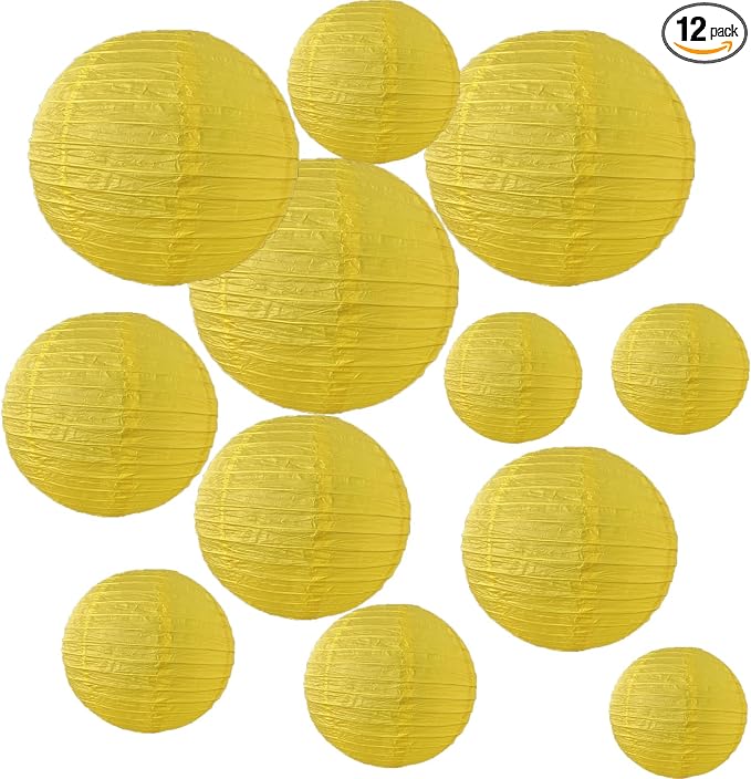 12Pcs 6,8,10,12 Inch Mixed Sizes Yellow Paper Lanterns Decorative Chinese, Japanese Hanging Round Paper Lanterns Lamp for Birthday, Wedding, Christmas, Bridal, Home Decor, Party Decoration