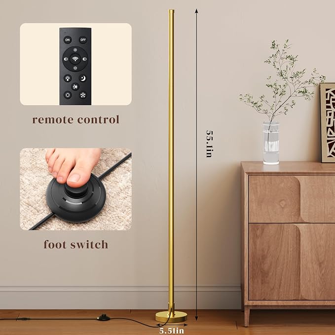 Corner Lamp,Minimalist LED Floor Lamp,Gold,1 Pack | Remote Control, Dimmable, 24 W, 7 Color Temperature 3000K-6000K, For Living Room, Bedroom, Home Office