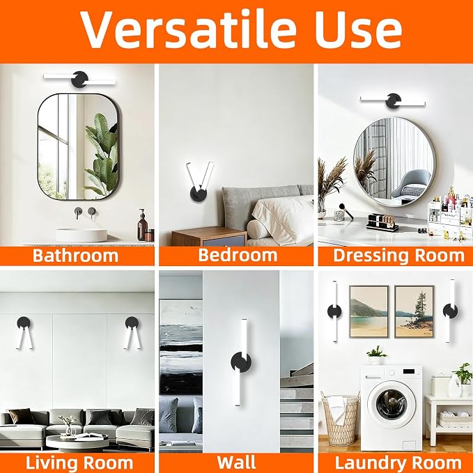 Bathroom Lighting Fixtures Over Mirror: 20 Inch Rotatable Bathroom Vanity Light ETL Listed - Modern Black Vanity Lighting Fixtures 5700K Cool White 2100LM 24W IP44 - LED Vanity Light Dimmable, 2 Pack