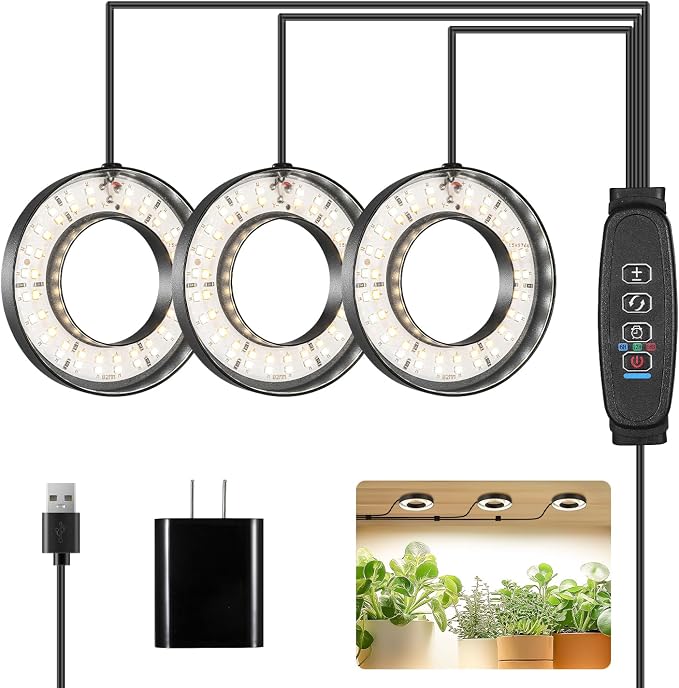 Full Spectrum Grow Light for Indoor Plants, Warm White 3 Head Black Angel Ring Ceiling and Under Cabinet Plant Lamp with 6/12/16H Timer, 10 Dimmable Levels and 3 Modes