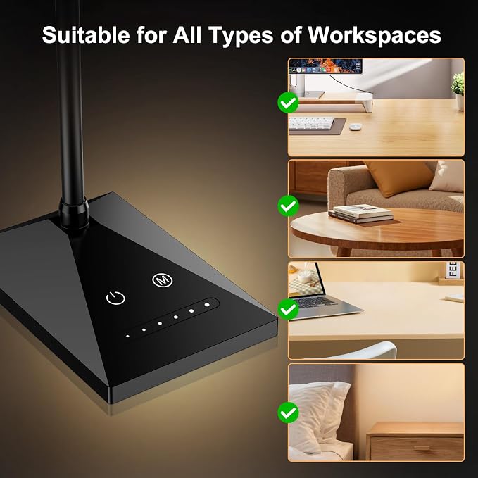 LED Desk Lamp, Eye-Caring Desk Light | 7W 390LM ,5 Color Modes & Stepless Dimming, 360° Flexible Gooseneck Touch Control Table Lamp for Bedroom Bedside Study Black