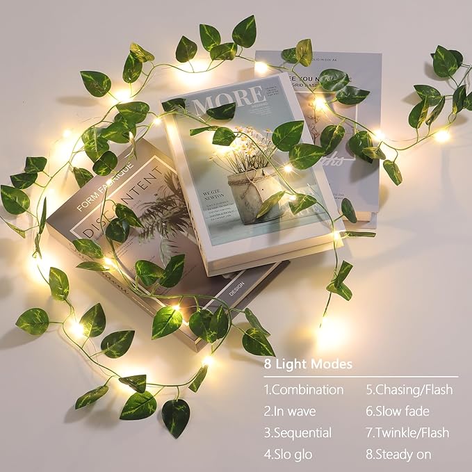 Vines with Lights Battery Operated, 6.56ft 20 LED Pothos with Fairy Lights, Leaf Lights with 8 Modes, Fake Vines Ivy String Lights for Bedroom, Wall, Room, Garden, Party Decor, 1 Pack