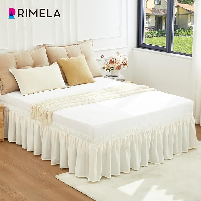 RIMELA Cream Bed Skirt Wrap Around Elastic Dust Ruffles Solid Color Wrinkle and Fade Resistant with Adjustable Elastic Belt Easy to Install for Queen Size 21 Inch Drop