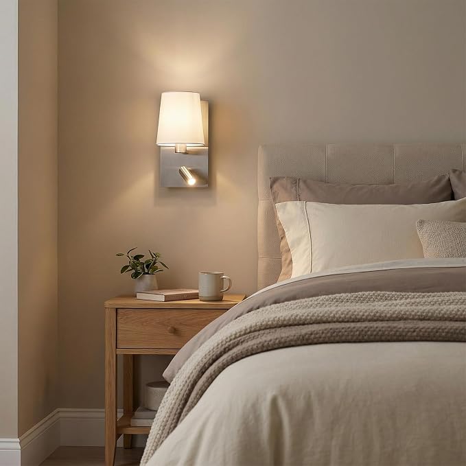 12.1" Wall Sconce with Shade & Reading Light, White Fabric Wall Lamp for Bedroom, Silver Bedside Wall Light with LED Reading Light 3000K 205 lm, Dual Switch, E12 Max 10W Bulb Not Included