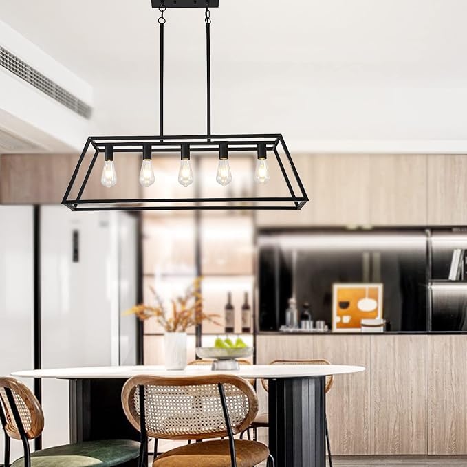 Farmhouse Rectangle Chandeliers for Dining Rooms, Modern Linear Hanging Light Fixture Matte Black 5-Light Industrial Pendant Lighting for Kitchen Island