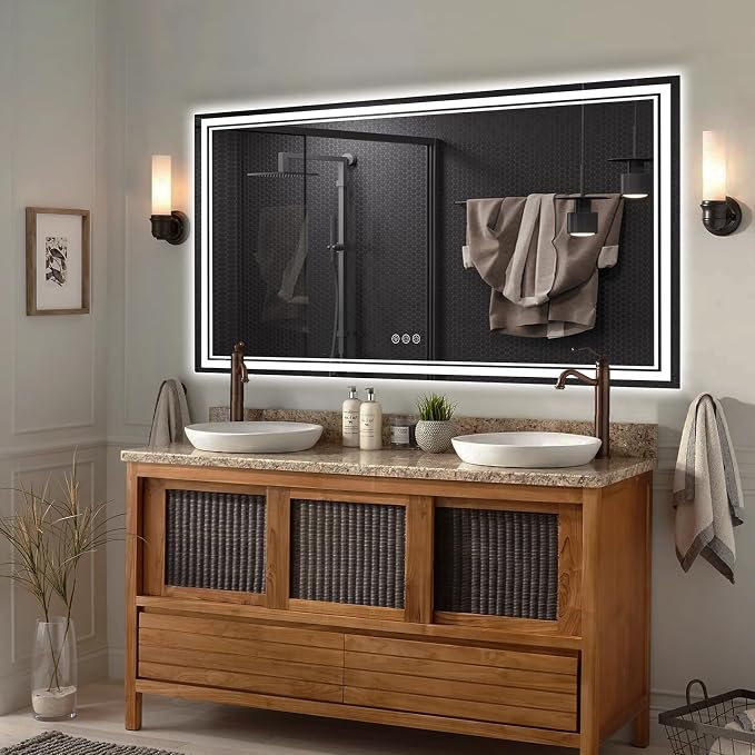 Ratsamee 60x40 Inch LED Bathroom Mirror with Frontlit & Backlit, Lighted Mirror for Bathroom Wall with 3-Color Dimmable & Anti-Fog, Vanity Mirror with Lights