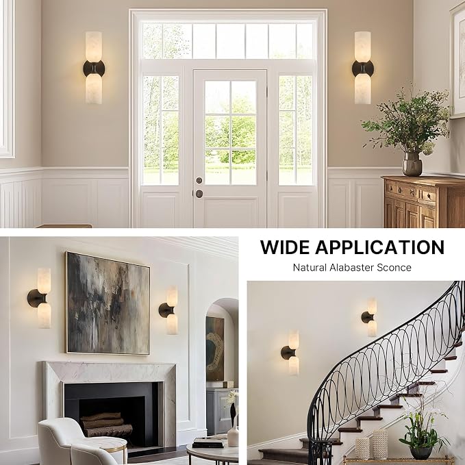 14" Alabaster Wall Sconce, Antique Oil Rubbed Bronze Black Brass | Natural Spanish Alabaster, Unique Marble Pattern, Solid Aged Brass, Elegant Statement Design, Horizontal or Vertical Mounting