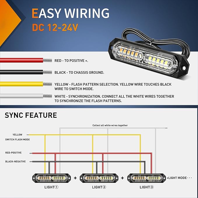Nilight 8PCS Led Strobe Lights 12LED Amber White Emergency Light 12V 24V Surface Mount Flashing Warning Hazard Beacon Lights Ultra Slim Sync Feature Mini Grille for Cars Trucks Off Road Vehicles SUV