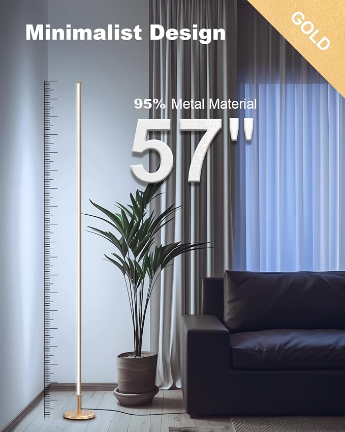 Minimalist Corner Floor Lamp - 2700K-6500K Dimmable LED Light | Modern Standing Mood Lamp with Remote Control for Living Room, Bedroom - 57" - 12W - Gold - 1Pack