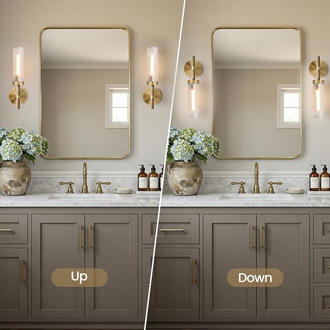 15" Knurled Brass Bathroom Wall Sconces,Frosted Glass Tube Brass Sconces Wall Lighting,Handmade Modern Hardwired Wall Sconce for Vanity,Mirror,Bedroom,Living Room,Hallway