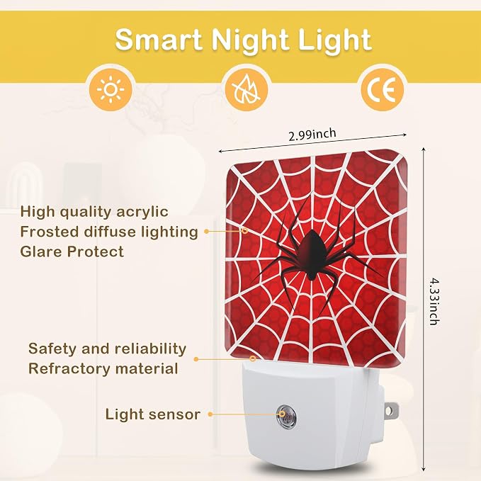 Red Spider Web Night Light with Dusk to Dawn Light Sensors, Plug-in Wall Led Night Lights, Energy Efficient Lamp for Bedroom/Bathroom/Kitchen/Hallway/Stairs