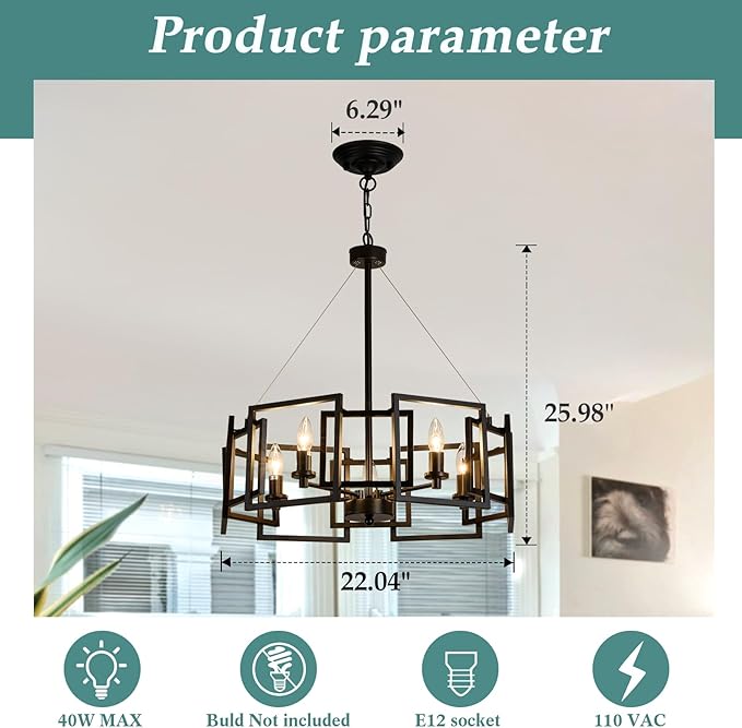 ZGLAOJT Modern Chandelier Black Geometric Pendant Lighting Fixture 5-Light Metal Farmhouse Chandelier for Dining Room Living Room entryway Kitchen Bedroom Island