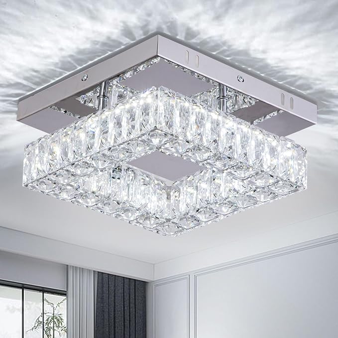 Mini Modern Crystal Chandeliers Square Flush Mount Ceiling Light LED Chandelier for Hallway Kitchen Foyer Dining Room,Dia 9.8",18 W 6000K