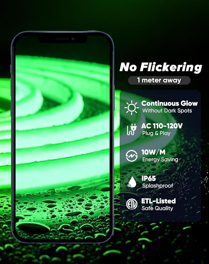 Shine Decor COB LED Rope Light AC 120V, 800lm Ultra Bright, IP65 Waterproof Cold-Resistant ETL Neon Strip, No Driver Tape Lighting for Home Commercial 10x4.5mm, Green, 50ft