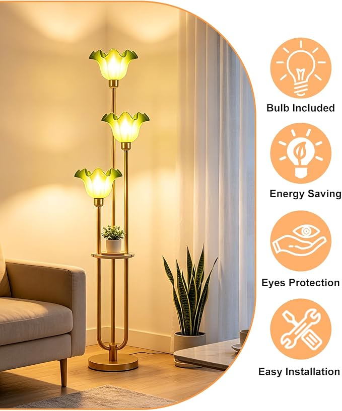 Green Flower Floor Lamp for Living Room, Mid Century Modern Floor Lamp Dimmable with Shelf & LED Bulbs, 3 Light Warmwhite Gold Tall Standing Lamp for Bedroom Girls Room Home Decor
