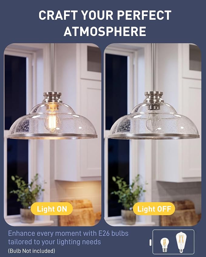 kudos 14" Brushed Nickel Seeded Glass Pendant Light, KDPL14-BN-M | E26 Bulb Base, Hardwired, Farmhouse Styling, Adjustable Hanging Rods for Flat or Sloped Ceilings, for Kitchen Bars