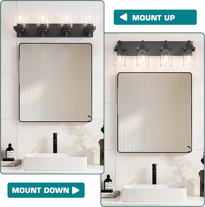 Bathroom Vanity Light, Clear Glass Shade 4 Lights Morden Bathroom Lighting Fixtures Over Mirror, Black Bathroom Light Vanity Fixtures for Bathroom/Living Room/Bedroom